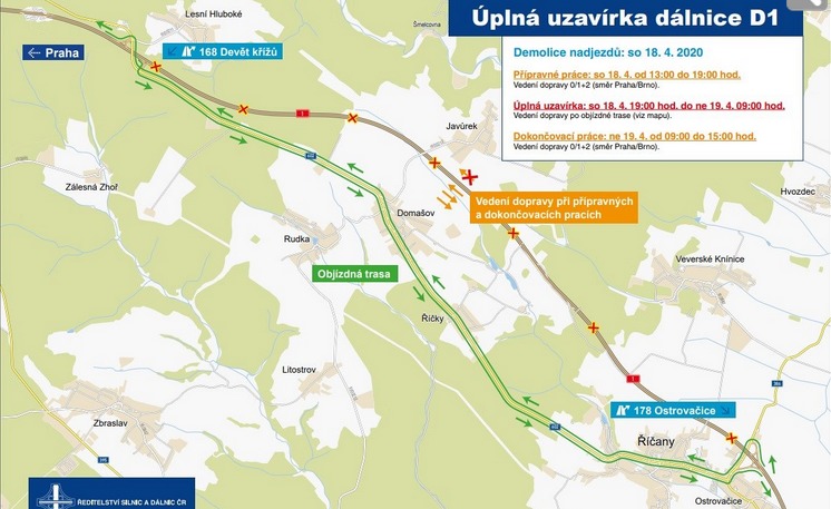 V sobotu večer se zavře část D1 u Brna, budou se bourat nadjezdy